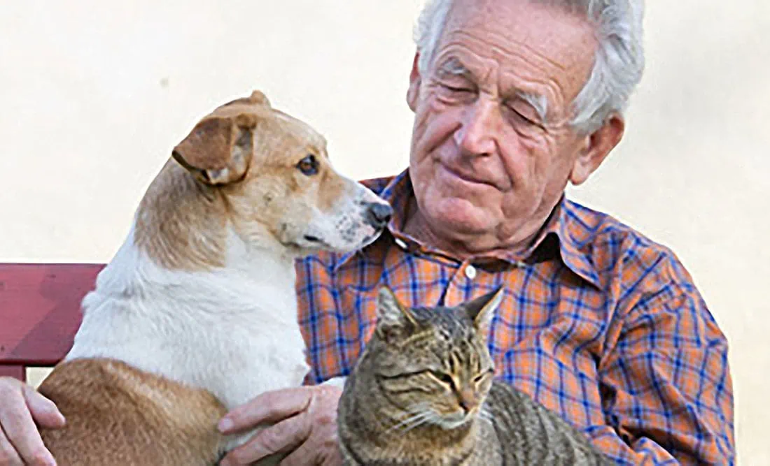 Elderly man with dog and cat sitting together.